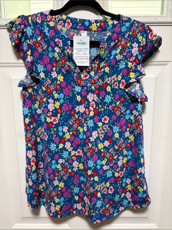 Dear Scarlett Tops - Dear Scarlett Blue Floral Ruffle Sleeve Blouse — Women's Summer Top